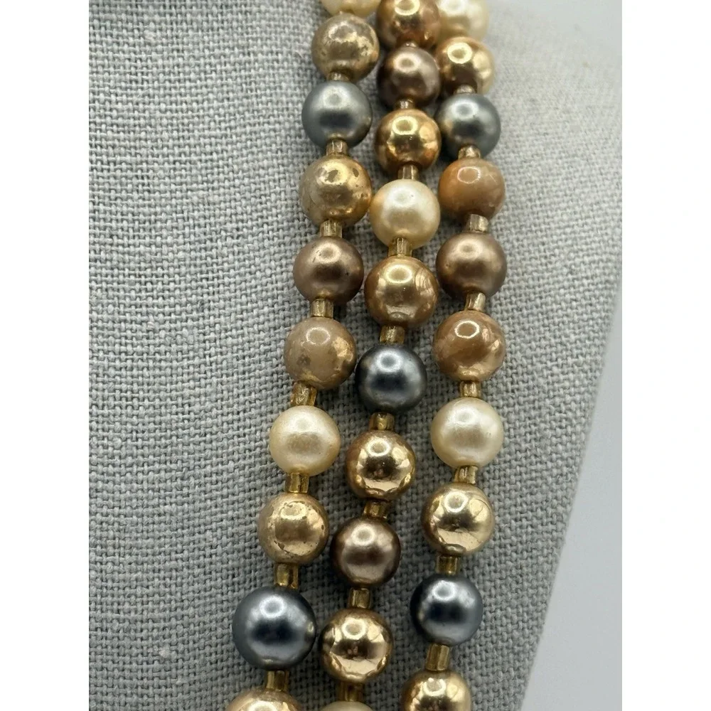 Vintage Faux Pearl Necklace Triple Strand Gold Tone Blue Cream Orange 14-15.5